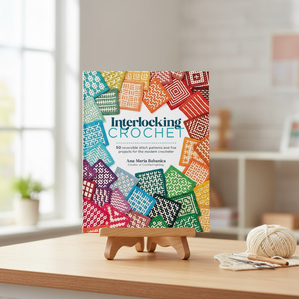 Patchwork with Busyfingers Interlocking Crochet book on a wooden stand with colorful geometric crochet swatches