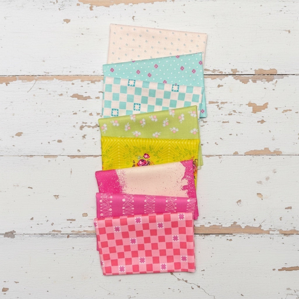 Patchwork with Busyfingers Juicy Burst 8pc cotton fabric bundle featuring vibrant floral and geometric prints.