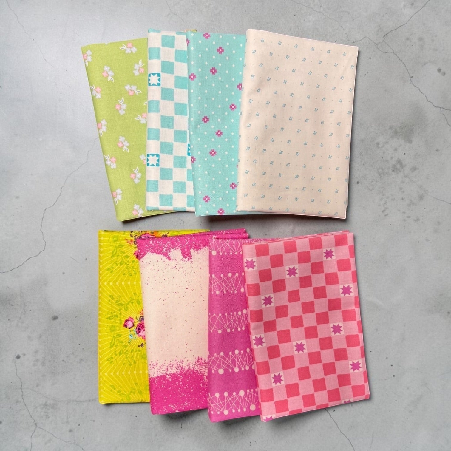 Patchwork with Busyfingers Juicy Burst 8pc fabric bundle featuring vibrant Andover premium cotton prints for quilting.