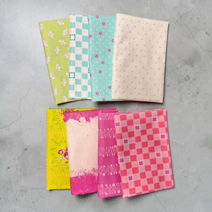 Patchwork with Busyfingers Juicy Burst 8pc fabric bundle featuring vibrant Andover premium cotton prints for quilting.