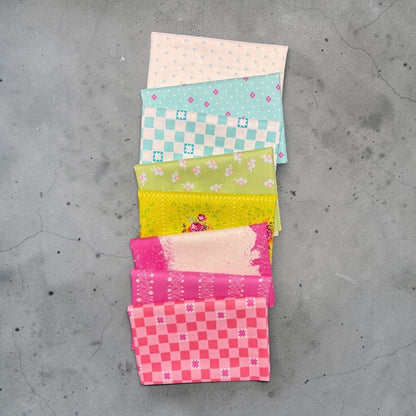 Patchwork with Busyfingers Juicy Burst 8pc cotton fabric bundle featuring vibrant floral and geometric prints.