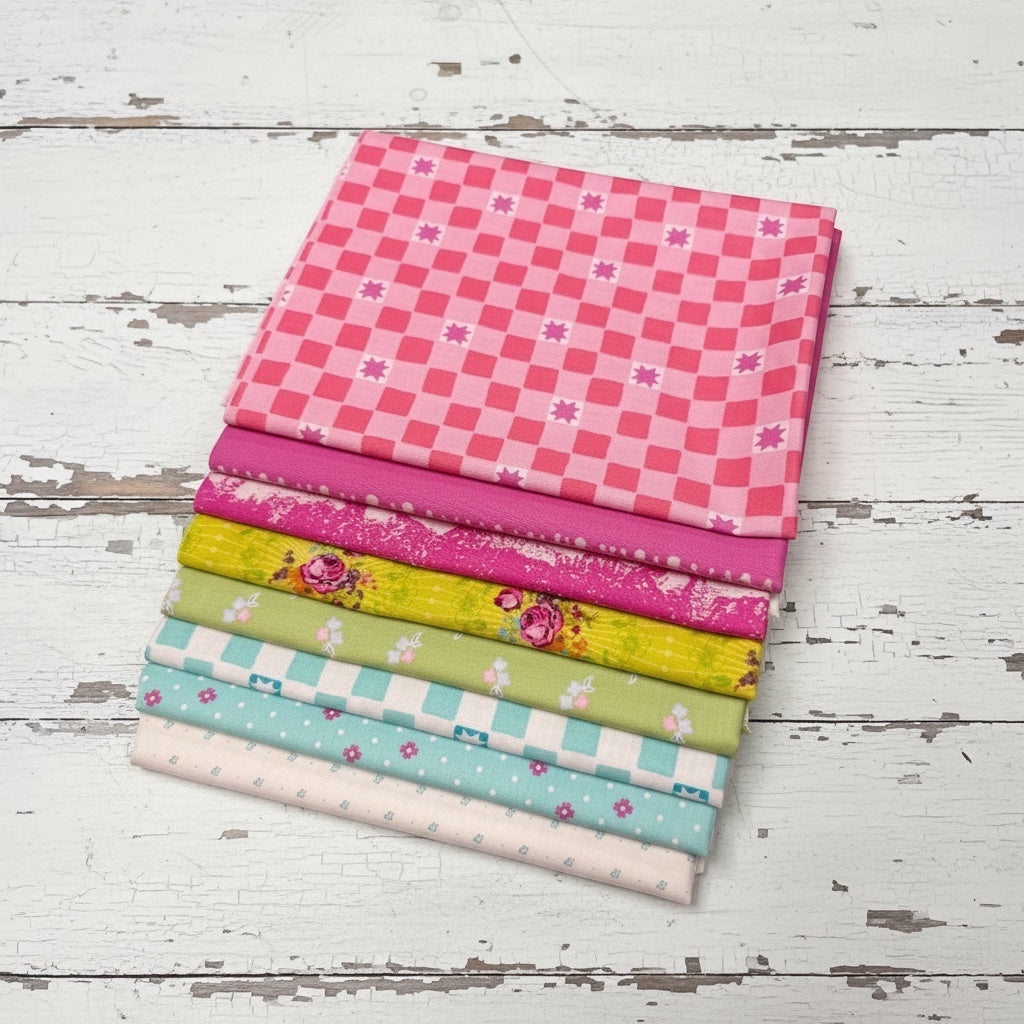 Patchwork with Busyfingers Juicy Burst 8pc cotton fabric bundle featuring vibrant floral and checkered prints.