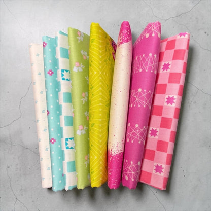 Patchwork with Busyfingers Juicy Burst 8pc fabric bundle featuring vibrant Andover Fabrics cotton prints in pink and lime