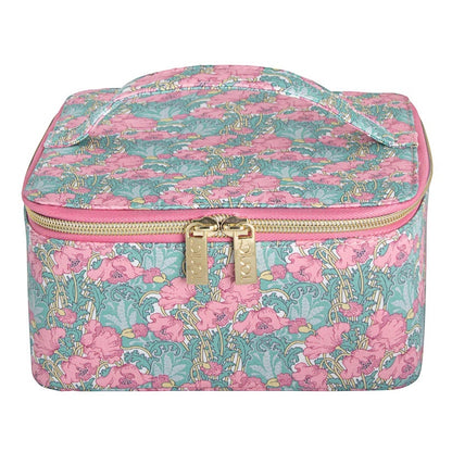 Patchwork with Busyfingers Large Jewellery Cube in Poppy floral print. Pink poppies on a teal background with gold zippers.