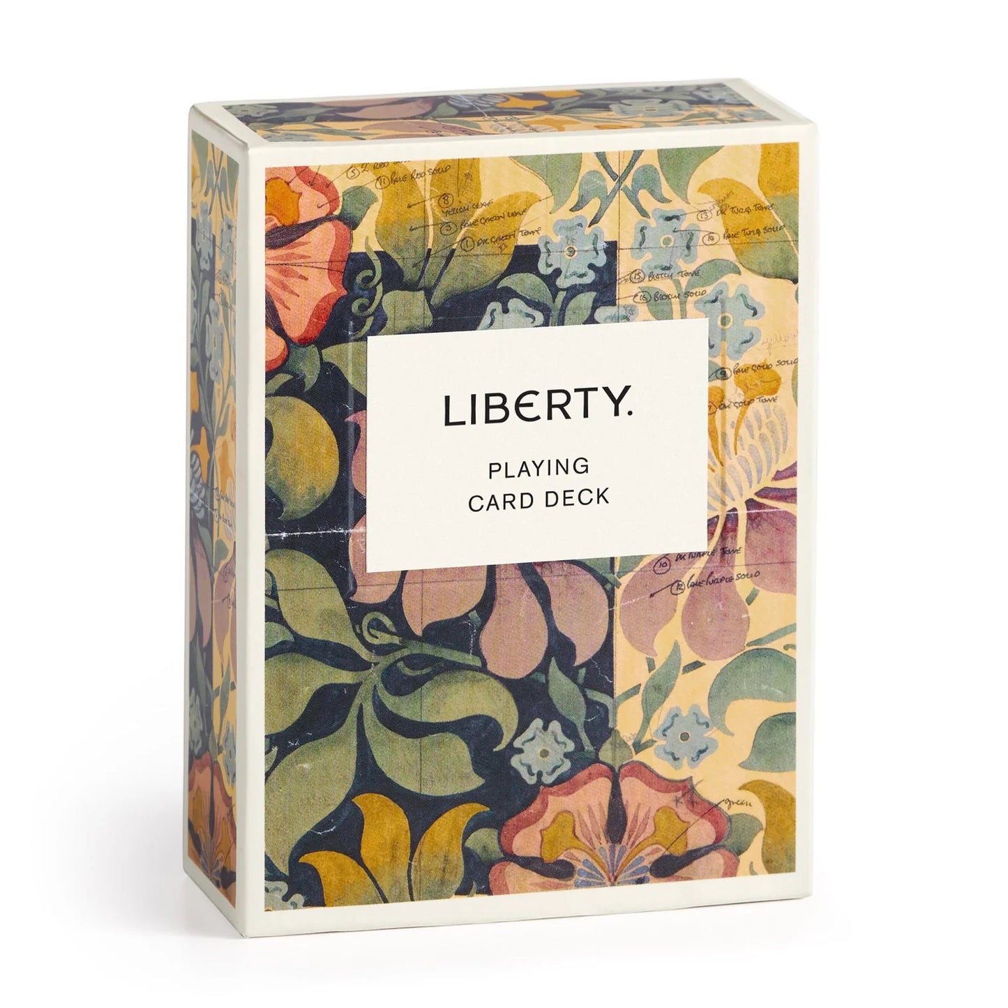 Patchwork with Busyfingers Liberty Archive playing card deck with floral and botanical print in muted tones of green, pink, and yellow.