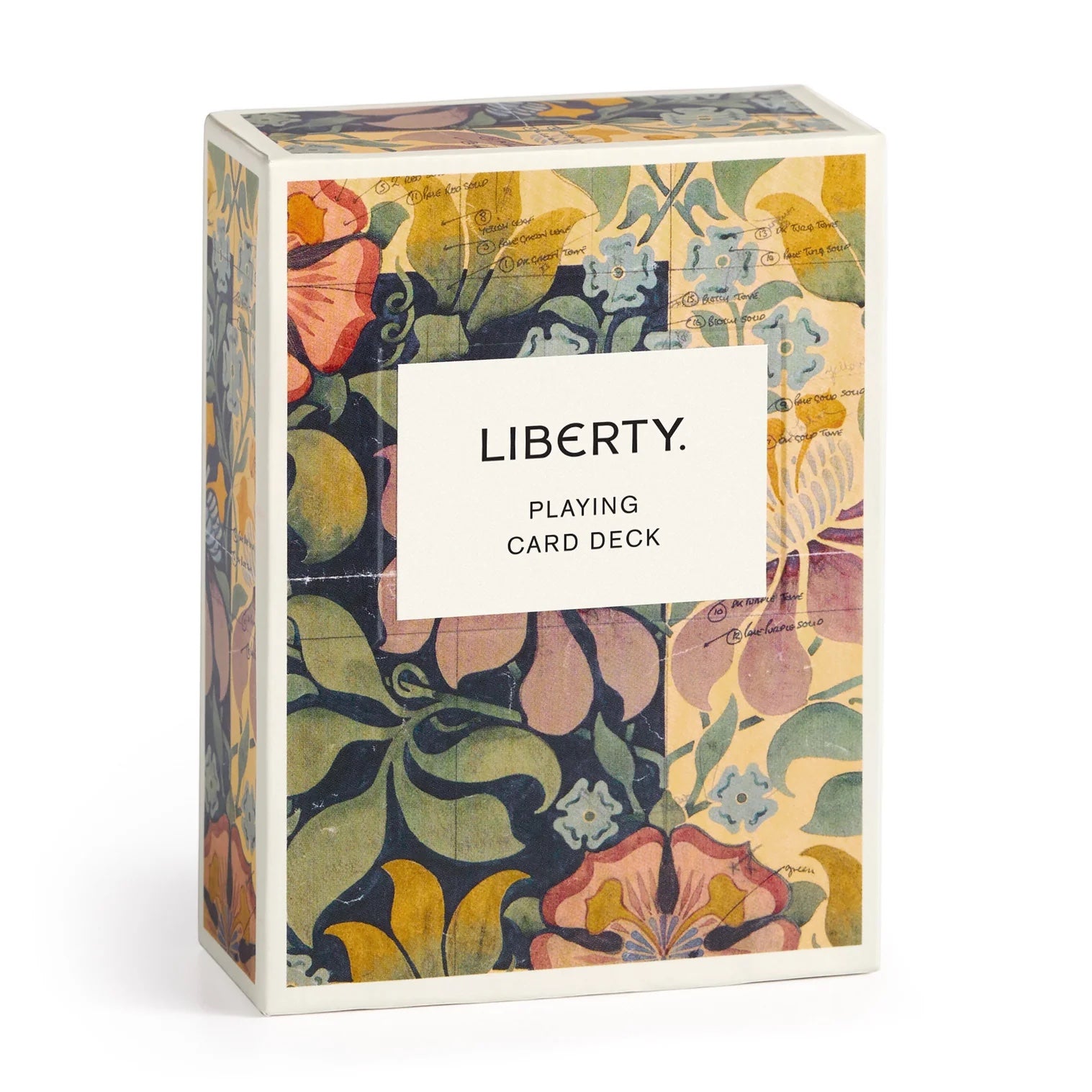 Patchwork with Busyfingers Liberty Archive playing card deck with floral and botanical print in muted tones of green, pink, and yellow.