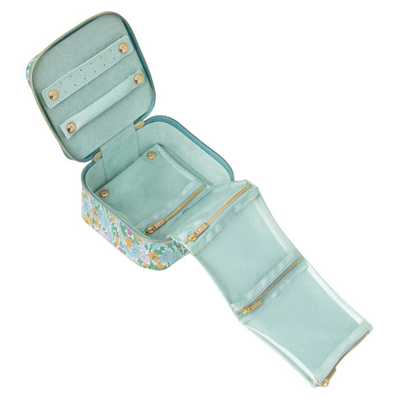 Patchwork with Busyfingers Liberty Cube Small jewellery case in floral print with blue tones, featuring ring rolls and zipped compartments.