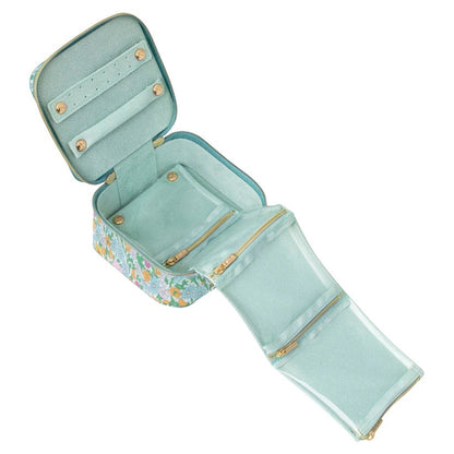 Patchwork with Busyfingers Liberty Cube Small jewellery case in floral print with blue tones, featuring ring rolls and zipped compartments.