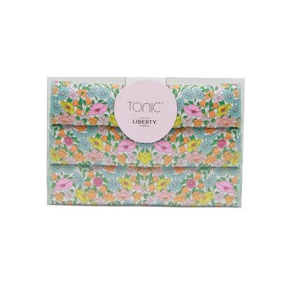 Patchwork with Busyfingers Liberty Tana Lawn cotton handkerchief set of 3, featuring floral prints in blue, pink, yellow, and orange.
