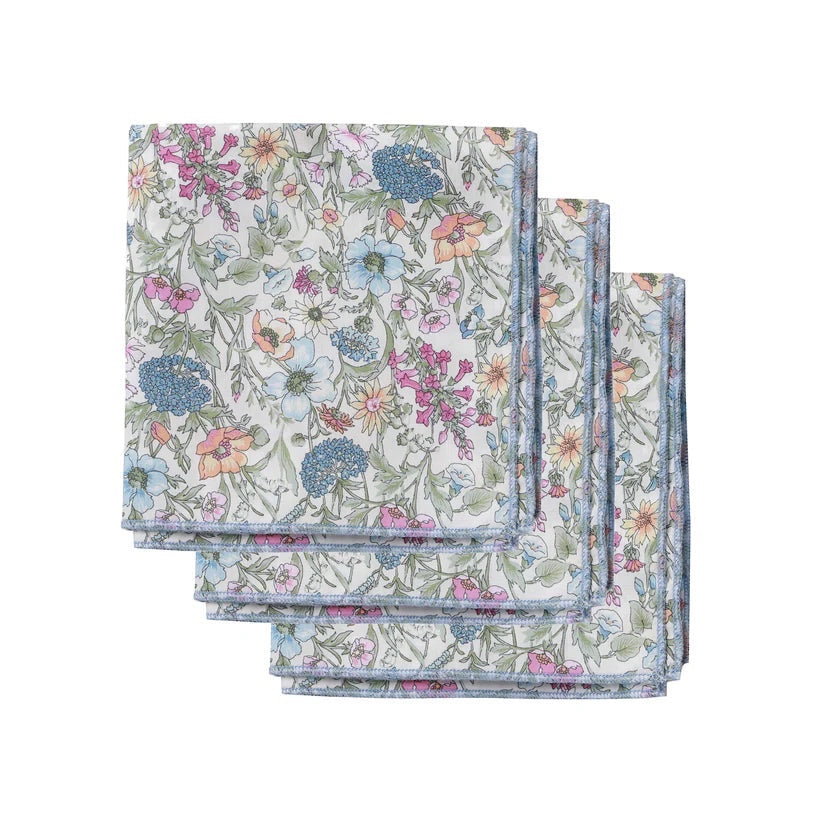 Patchwork with Busyfingers Liberty Tana Lawn cotton handkerchiefs, set of 3, with floral prints in blue, pink, and peach.