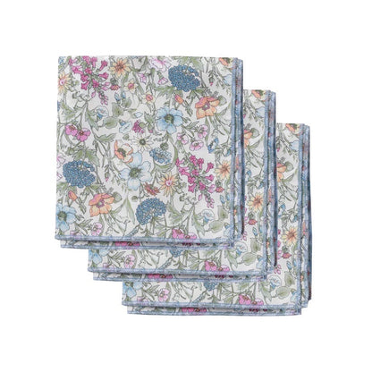 Patchwork with Busyfingers Liberty Tana Lawn cotton handkerchiefs, set of 3, with floral prints in blue, pink, and peach.