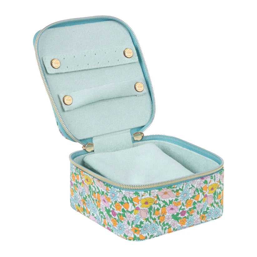Patchwork with Busyfingers Liberty Cube Small jewellery box with floral print and light blue suedette lining.