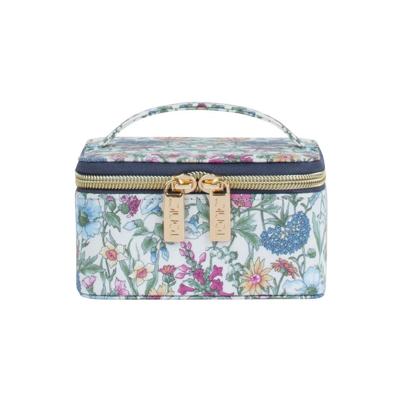 Patchwork with Busyfingers Liberty floral print small jewellery cube with gold zippers and navy trim.