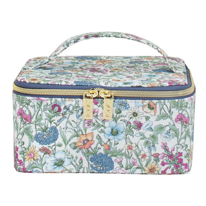 Patchwork with Busyfingers Large Jewellery Cube in Liberty floral print with blue, pink, and orange flowers. Features double zips and a top handle.
