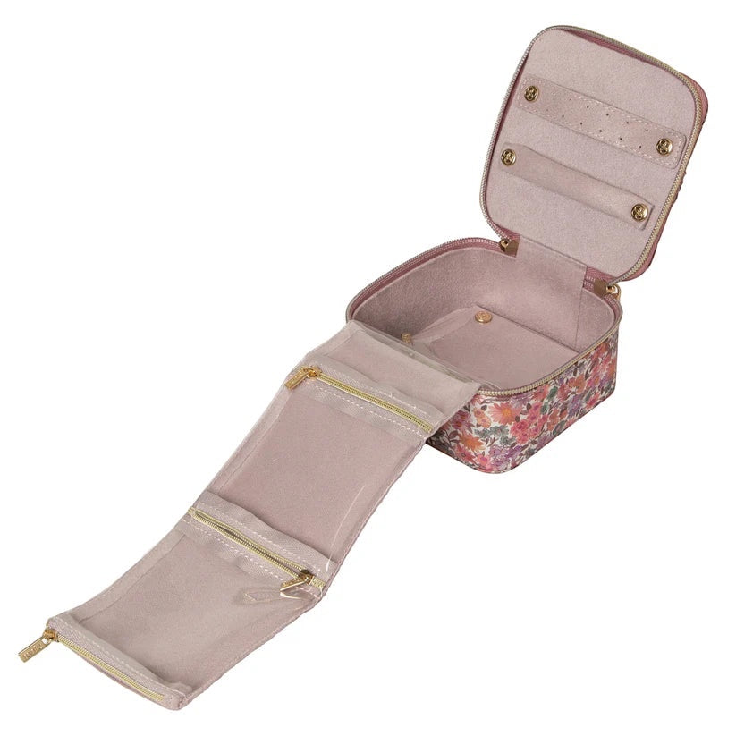 Patchwork with Busyfingers Jewellery Cube in floral Liberty Tana Lawn™ cotton with pink, coral, and lilac tones. Features a suedette lining and zip-up compartments.