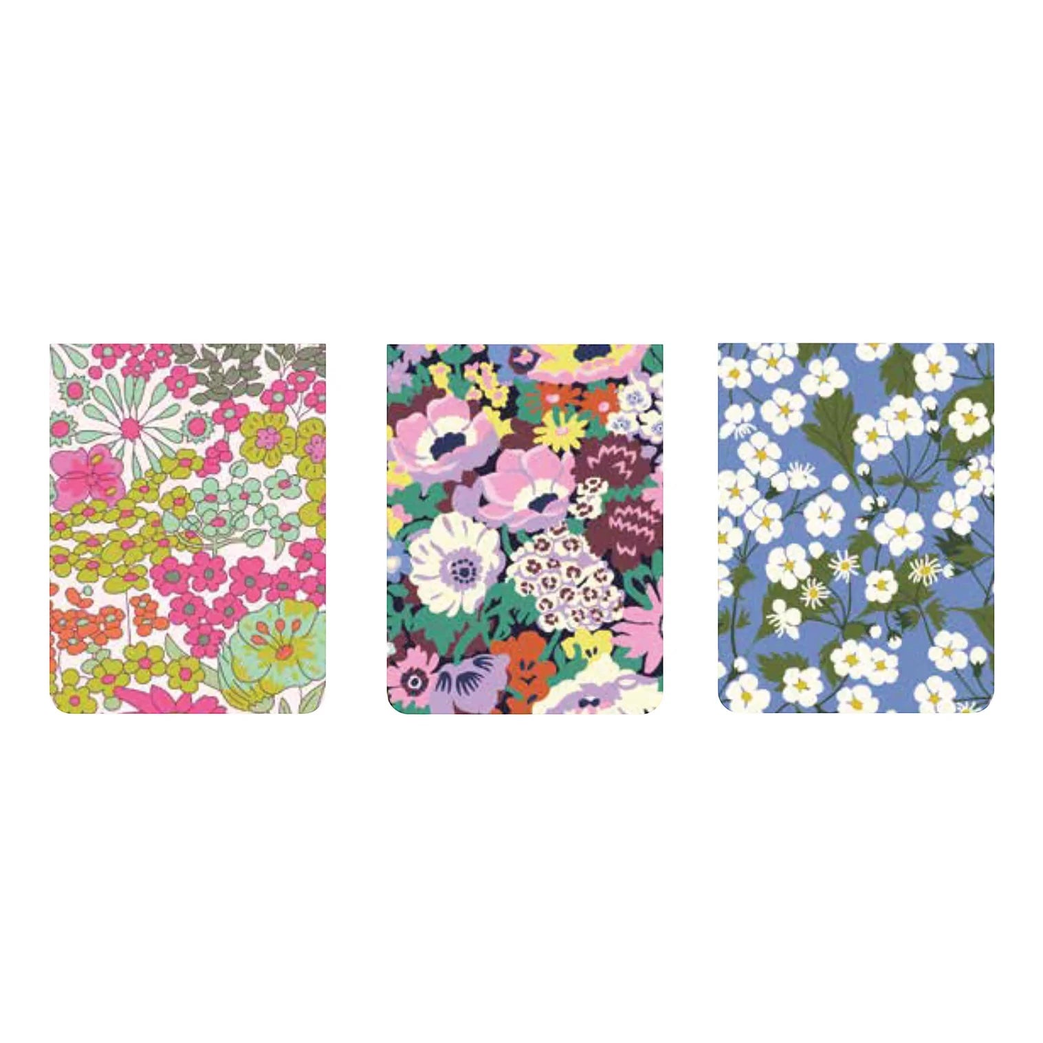 Patchwork with Busyfingers Liberty magnetic bookmarks set with floral prints: Margaret Annie, Thorpe, and Mitsi. Durable magnet, synthetic paper, artboard.