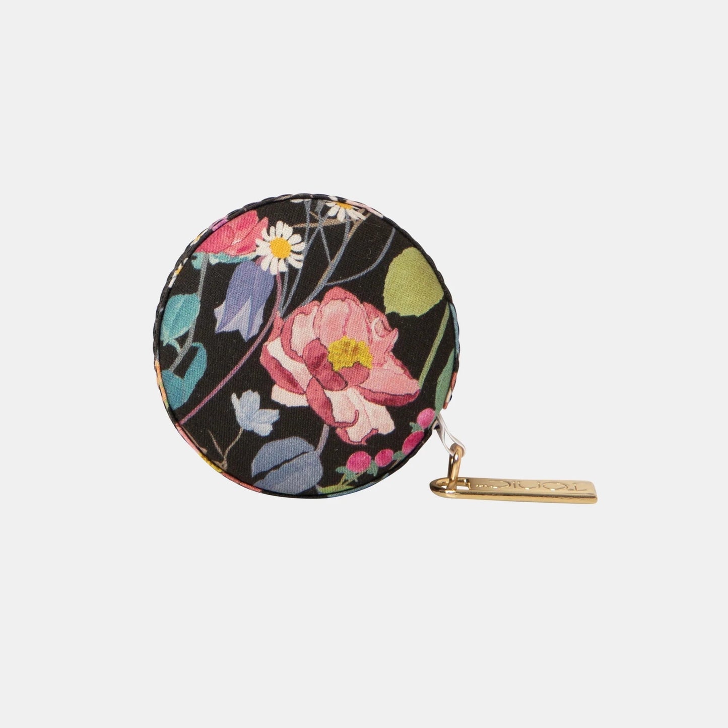Patchwork with Busyfingers Liberty Tana Lawn cotton measuring tape with a floral print and gold tab. Features push-button retract.