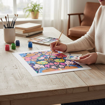 Patchwork with Busyfingers Liberty Glastonbury paint by number kit featuring a vibrant floral canvas and art supplies.