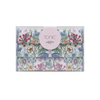 Patchwork with Busyfingers Liberty Tana Lawn cotton handkerchief set of 3, featuring floral prints in blue, pink, and yellow with overlocked edges.
