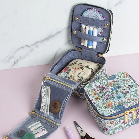 Patchwork with Busyfingers Jewellery Cube in floral Liberty Tana Lawn™ cotton with blue suedette lining. Open to reveal sewing notions.