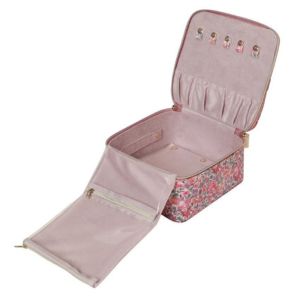 Patchwork with Busyfingers Large Jewellery Cube in floral print with pinks, corals, and green foliage. Features accordion pockets, clear windows, and earring/ring sections.
