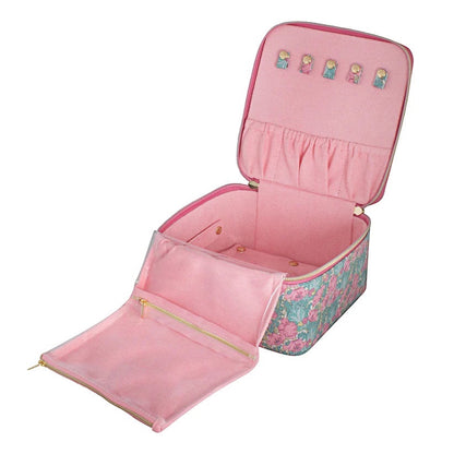 Patchwork with Busyfingers Large Jewellery Cube in Liberty floral print with pink interior, accordion pockets, clear window, and earring/ring sections.