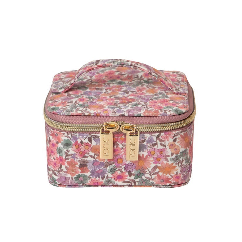 Patchwork with Busyfingers Jewellery Cube small floral print cotton Tana Lawn with pink, coral, lilac and green flowers, gold zippers.