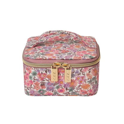 Patchwork with Busyfingers Jewellery Cube small floral print cotton Tana Lawn with pink, coral, lilac and green flowers, gold zippers.