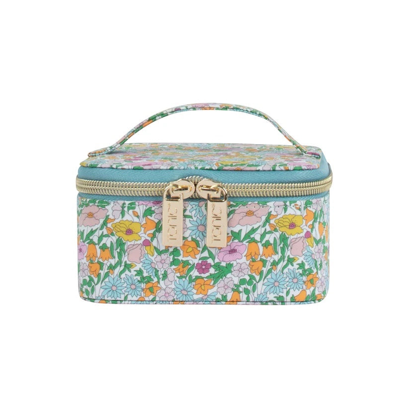 Patchwork with Busyfingers Jewellery Cube small floral print cotton Tana Lawn with blue trim and gold zippers