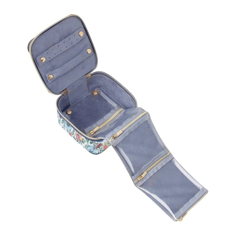 Patchwork with Busyfingers Liberty Cube Small jewellery case with floral print exterior and blue suedette interior with ring rolls and zipped pockets.