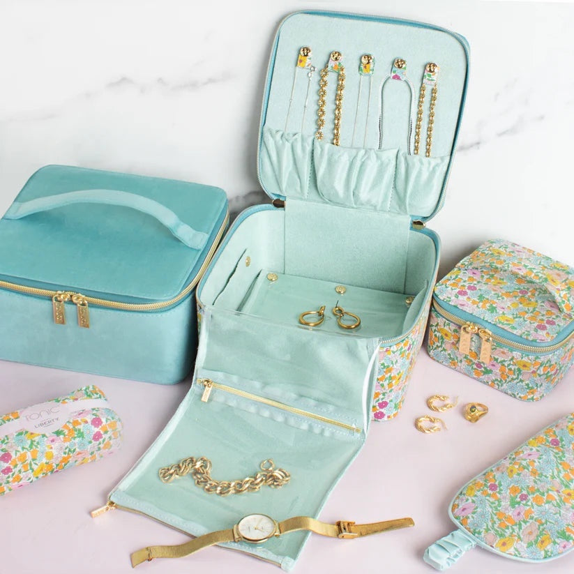 Patchwork with Busyfingers Large Jewellery Cube in Liberty floral print with teal velvet exterior, featuring organised jewellery compartments.