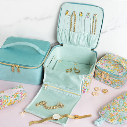 Patchwork with Busyfingers Large Jewellery Cube in Liberty floral print with teal velvet exterior, featuring organised jewellery compartments.