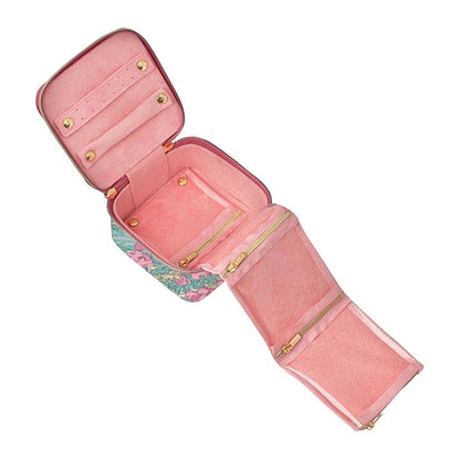 Patchwork with Busyfingers Liberty Cube Small jewellery case with floral print exterior and pink suedette interior, open with compartments.