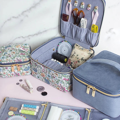 Patchwork with Busyfingers Large Jewellery Cube in Liberty Tana Lawn™ floral print with blue accents, featuring internal compartments for jewellery or sewing supplies.