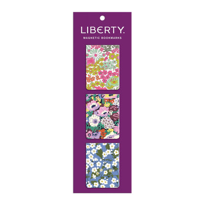 Patchwork with Busyfingers Liberty magnetic bookmarks set with three floral designs: Margaret Annie, Thorpe, and Mitsi prints.