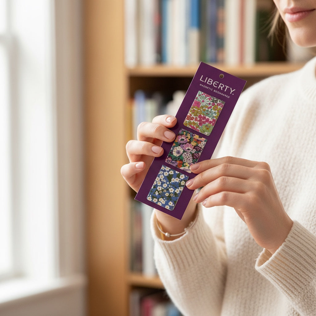 Patchwork with Busyfingers Liberty magnetic bookmarks set with three floral designs: Margaret Annie, Thorpe, and Mitsi prints.