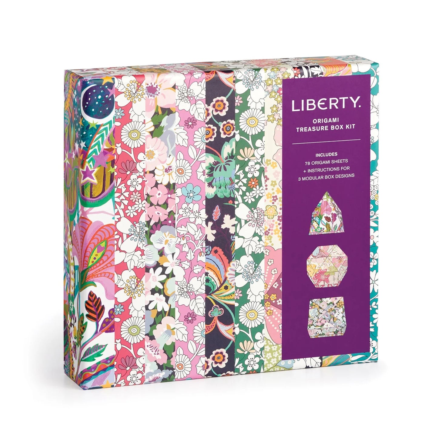 Patchwork with Busyfingers Liberty Origami Treasure Box Kit with floral print origami paper sheets and instructions.