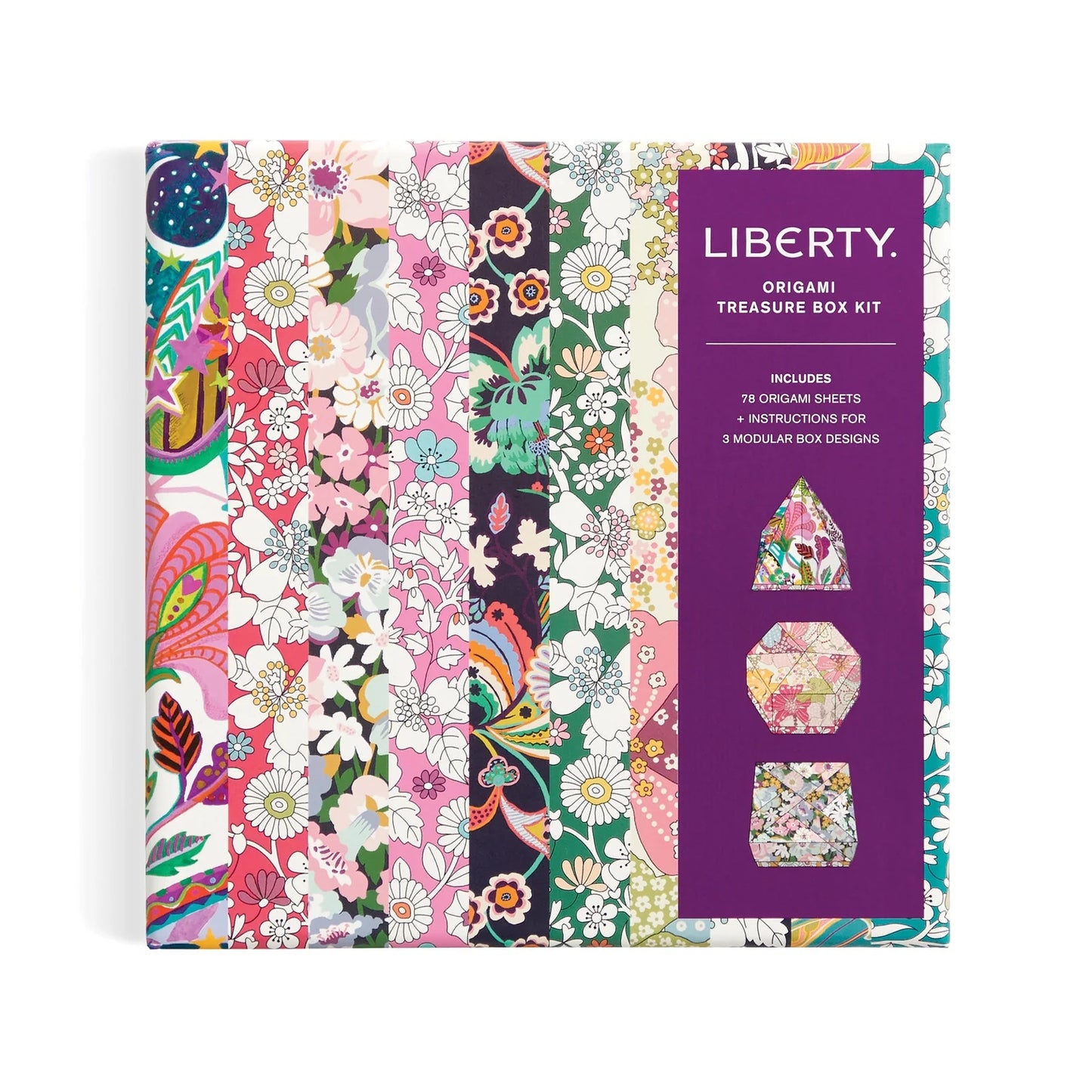 Patchwork with Busyfingers Liberty Origami Treasure Box Kit featuring floral print origami paper sheets and instructions for modular box designs.
