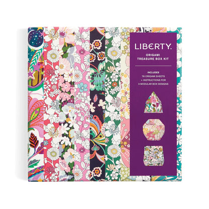 Patchwork with Busyfingers Liberty Origami Treasure Box Kit featuring floral print origami paper sheets and instructions for modular box designs.
