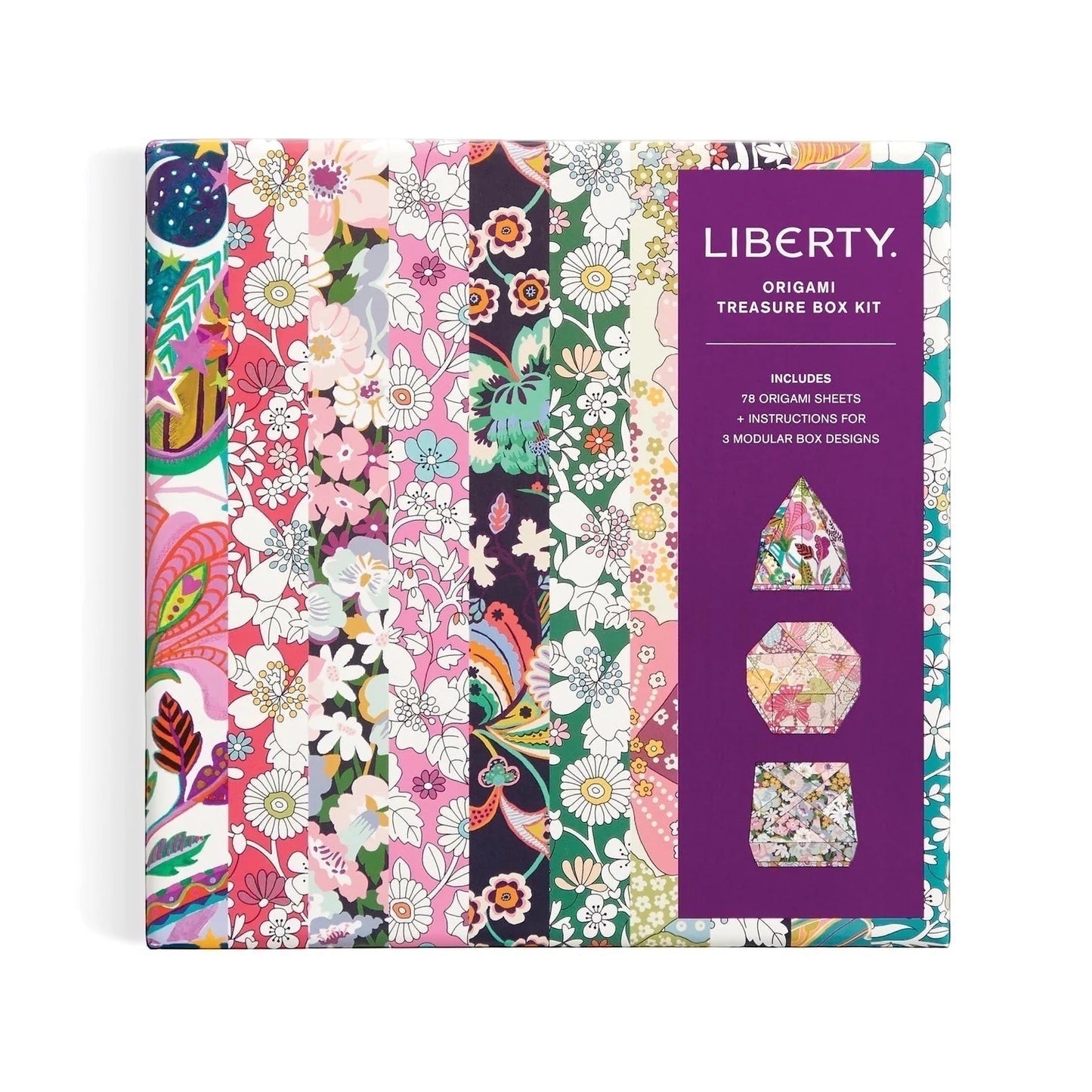 Patchwork with Busyfingers Liberty Origami Treasure Box Kit featuring floral print origami paper sheets and instructions for modular box designs.