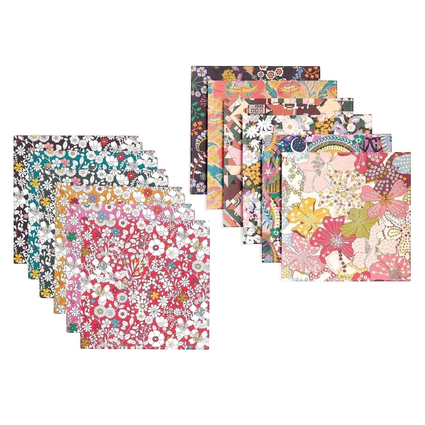 Patchwork with Busyfingers Liberty Origami Treasure Box Kit featuring multiple sheets of paper with vibrant floral and geometric Liberty prints.