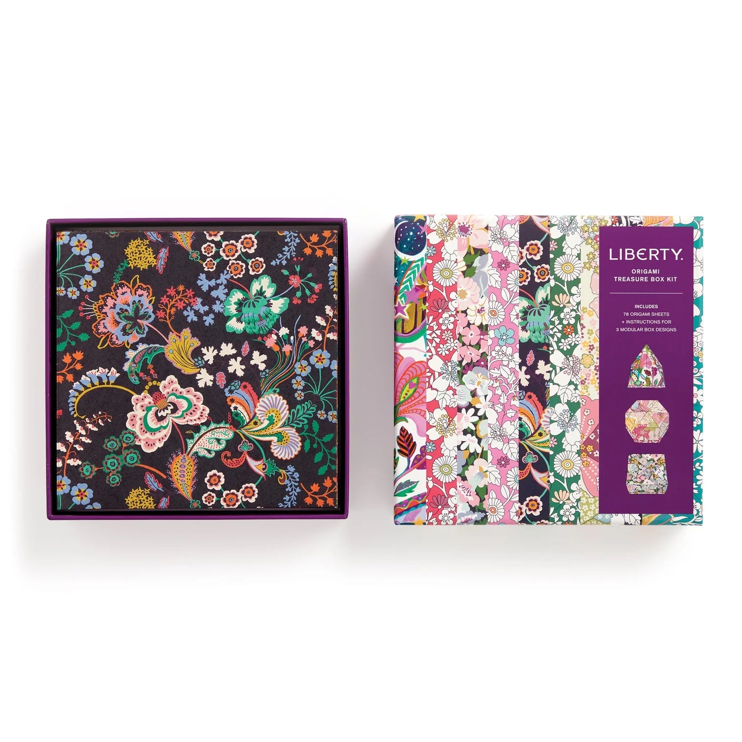 Patchwork with Busyfingers Liberty Origami Treasure Box Kit with floral patterned paper sheets and instructions for 3 modular box designs.