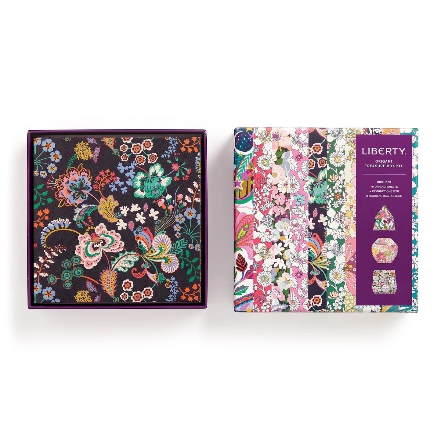Patchwork with Busyfingers Liberty Origami Treasure Box Kit with floral patterned paper sheets and instructions for 3 modular box designs.