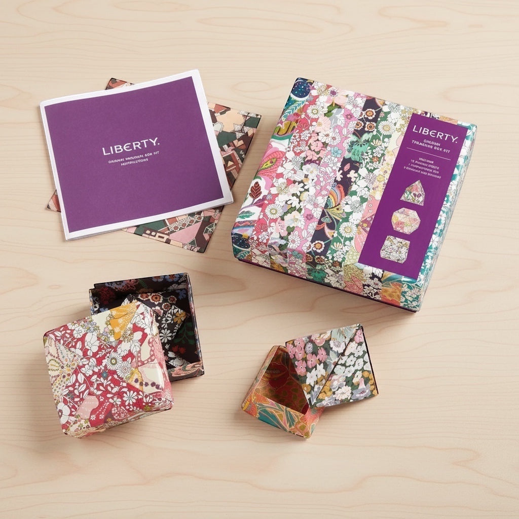 Patchwork with Busyfingers Liberty Origami Treasure Box Kit with floral print paper, instructions, and finished boxes.