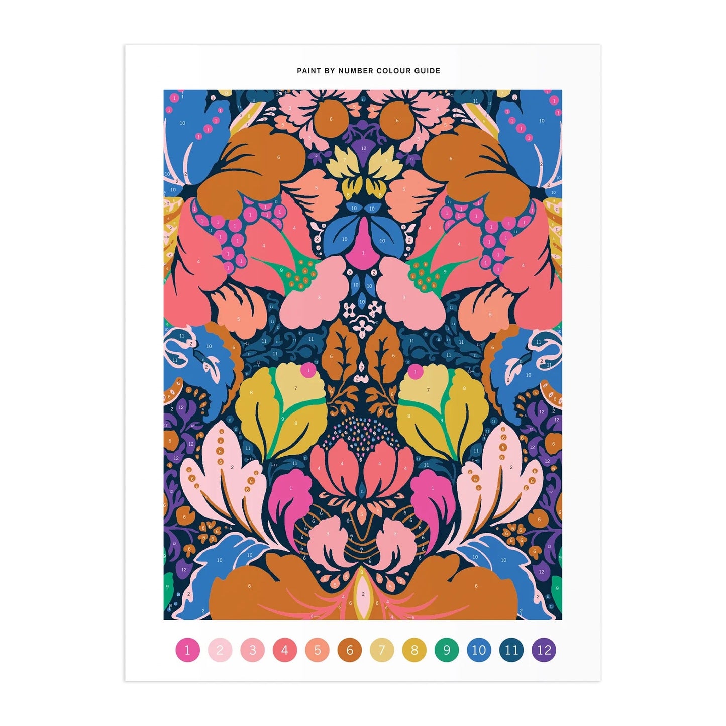 Patchwork with Busyfingers Liberty Glastonbury Paint by Number Kit featuring a vibrant floral pattern in pink, blue, orange, and yellow.