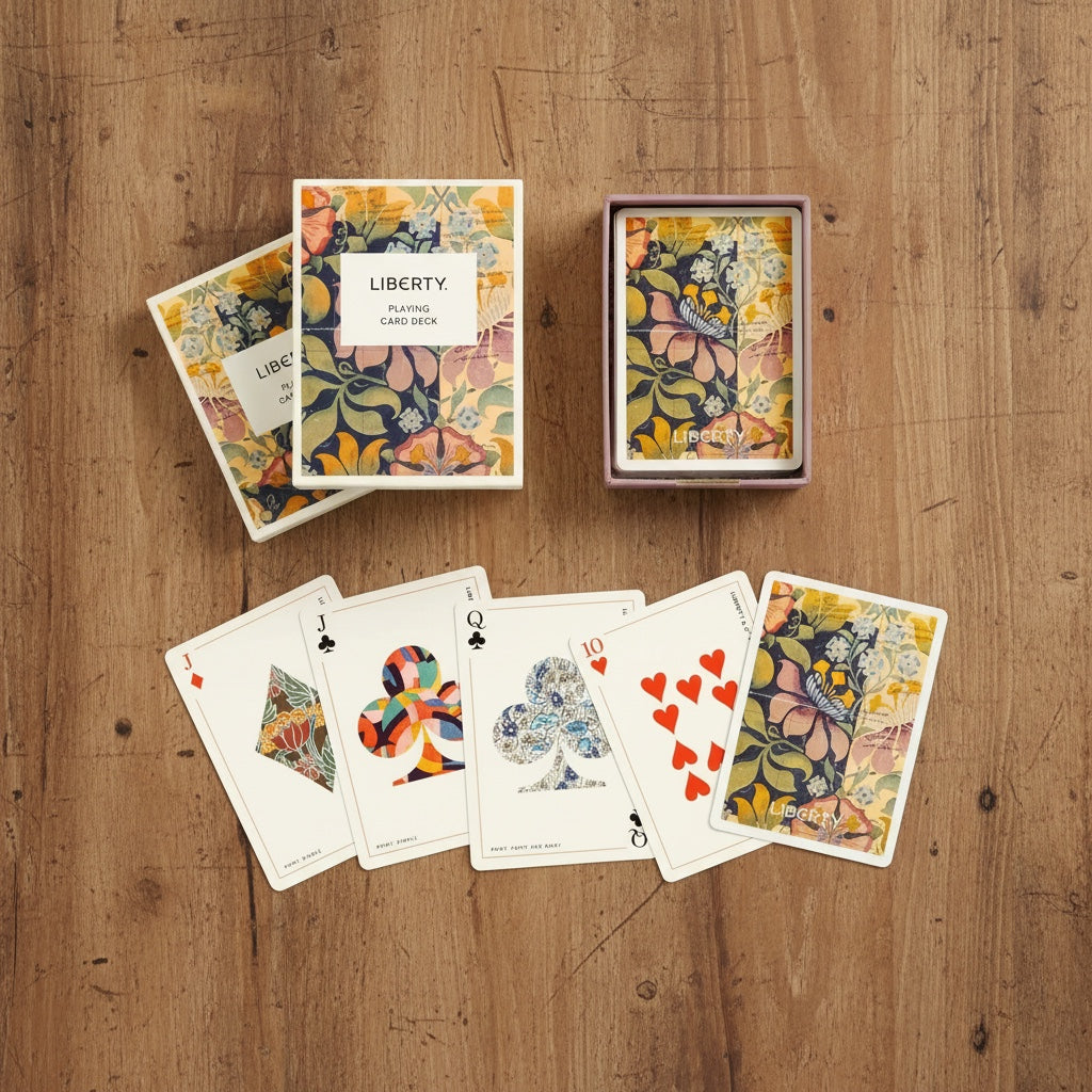 Patchwork with Busyfingers Liberty Archive playing card deck with floral and butterfly designs. Includes 5 cards.
