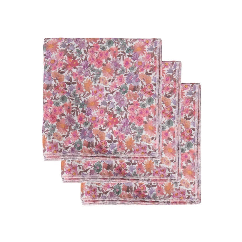 Patchwork with Busyfingers Liberty Tana Lawn cotton handkerchiefs in Poppy floral print with overlocked edges. Set of 3.