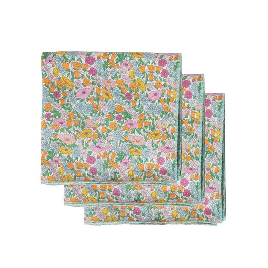 Patchwork with Busyfingers Liberty Tana Lawn cotton handkerchiefs in Poppy print, featuring a vibrant floral pattern with pink, orange, yellow, and blue flowers on a white background.