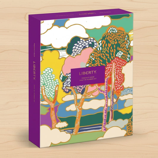 Patchwork with Busyfingers Liberty Prospect Road paint by number kit with vibrant trees and clouds design.