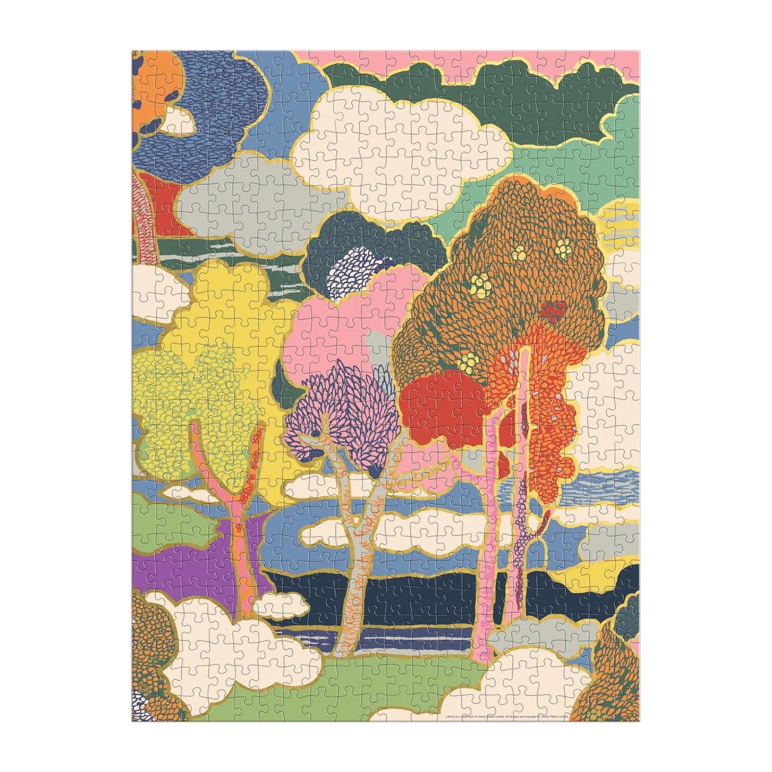 Patchwork with Busyfingers Liberty Prospect Road 500-piece puzzle featuring a colourful abstract landscape with trees and clouds.